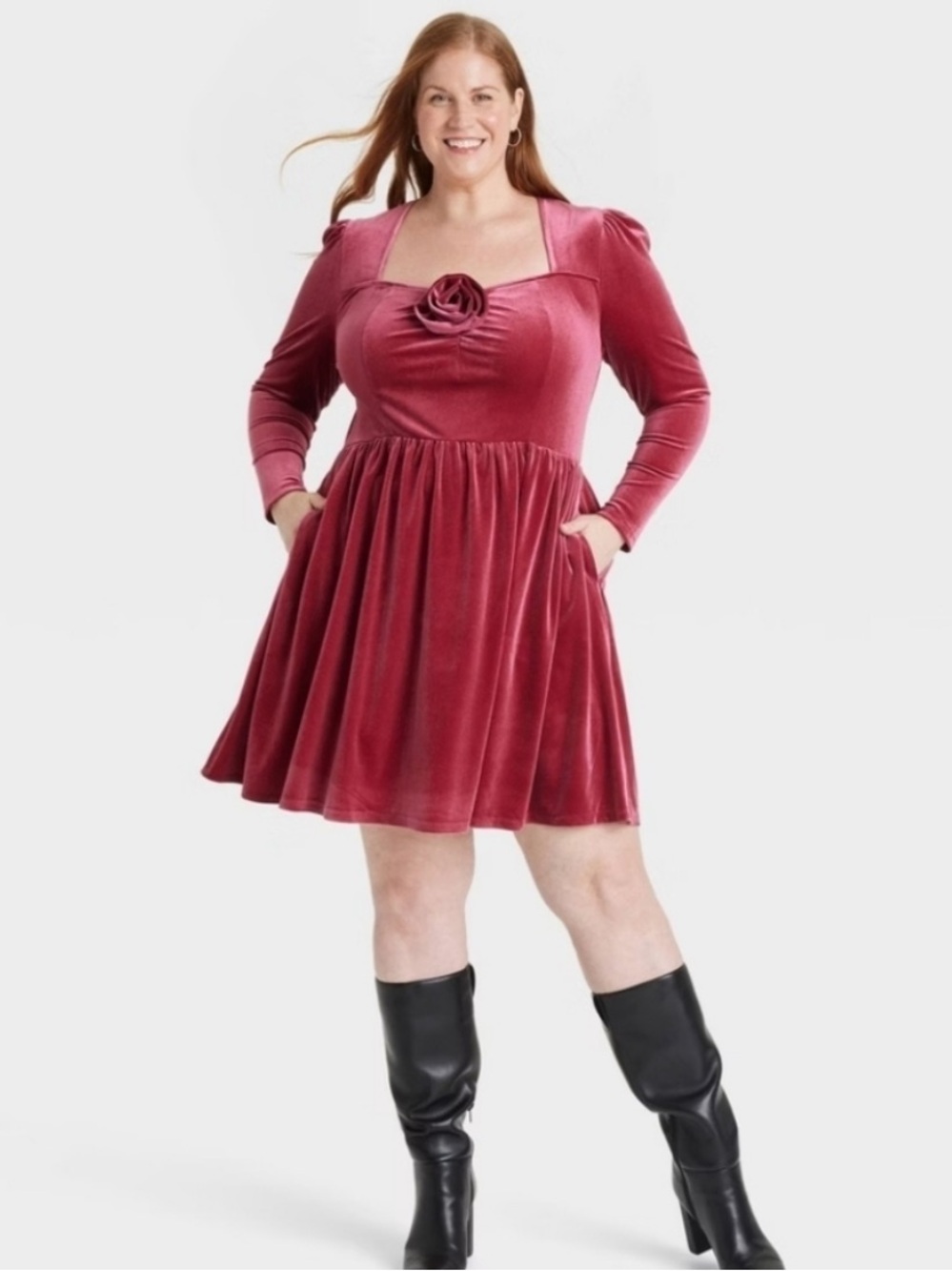 Women's Holiday Long Sleeve Rosette Midi A-Line Dress - Ava & Viv Cherry Red 2X